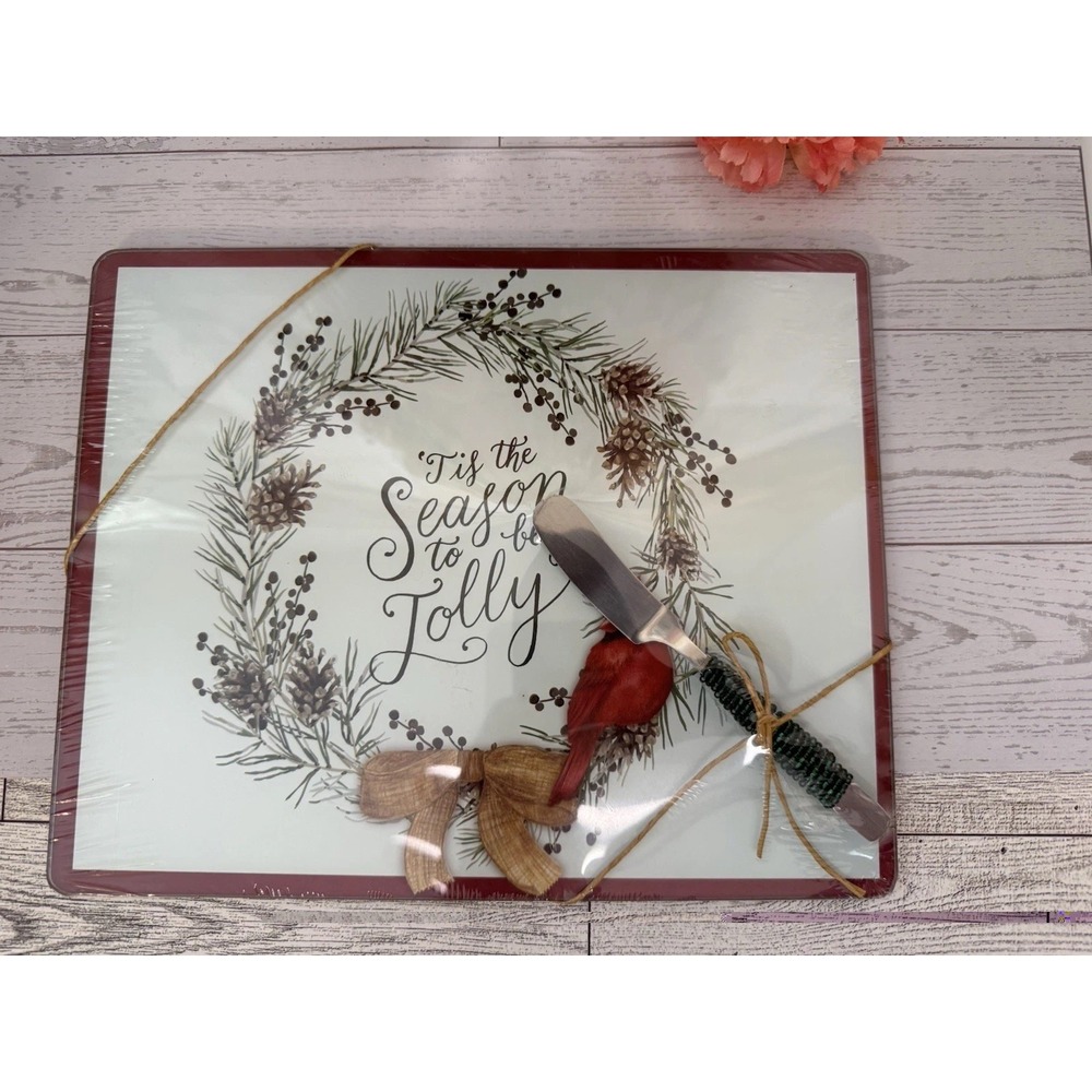 Tis The season To Be Jolly Glass Charcuterie Cheese Board Tray W Spreader 10"X8"